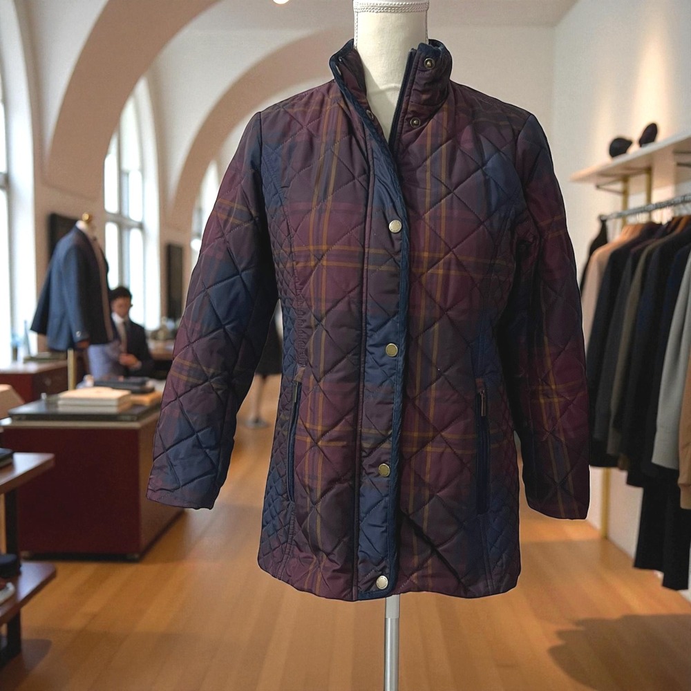 Lands End Quilted Plaid Car Coat Burgundy Blue Primaloft Lined Field Jacket 2P
